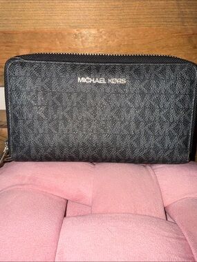 Michael Kors Black Signature Zip Around Wallet with Silver Logo
